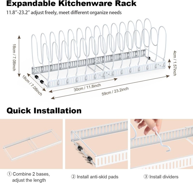 Housolution 2 Pack Pot and Pan Organizer Rack, 12"-23" Expandable Pot Lid Organizer with 14 Adjustable Dividers, Pan Holder Storage Rack for Kitchen Cabinet, White - Image 5